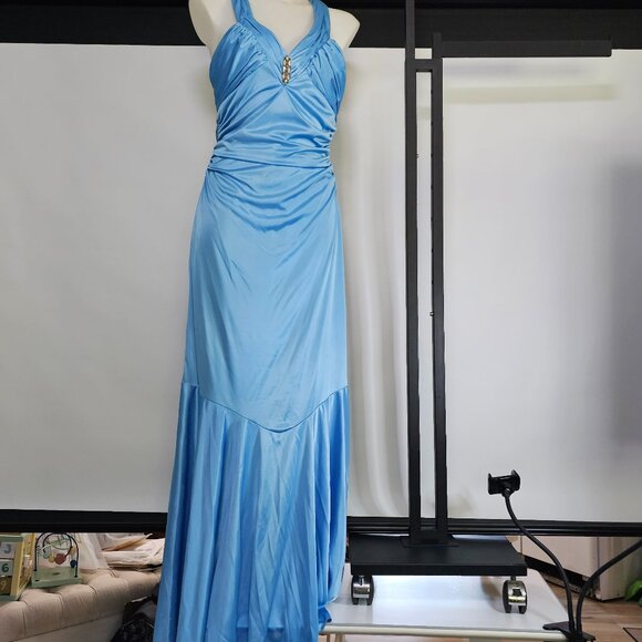 Masquerade Ice Blue Gown – Rhinestone Halter, Ruched Satin, Sheer Mermaid Hem - Picture 1 of 4
